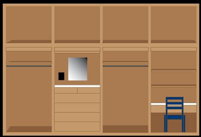 4 short cubbies with equal spacing along the top. 4 tall cubbies at the bottom. Left closet with hanger, 2 cubbie is a dresser, 3 cubbie is a closet with hanger, 4 is a desk with chair.