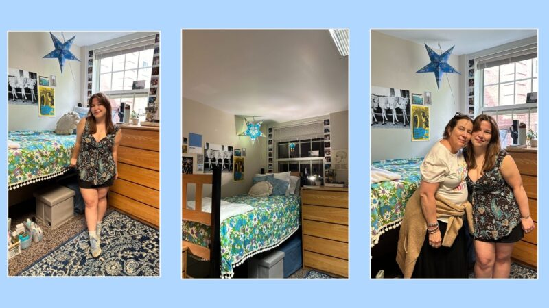 Student Alice Scott, moved into her dorm room that is decorated with green floral duvet and artwork on the wall. Alice is also with her mom.