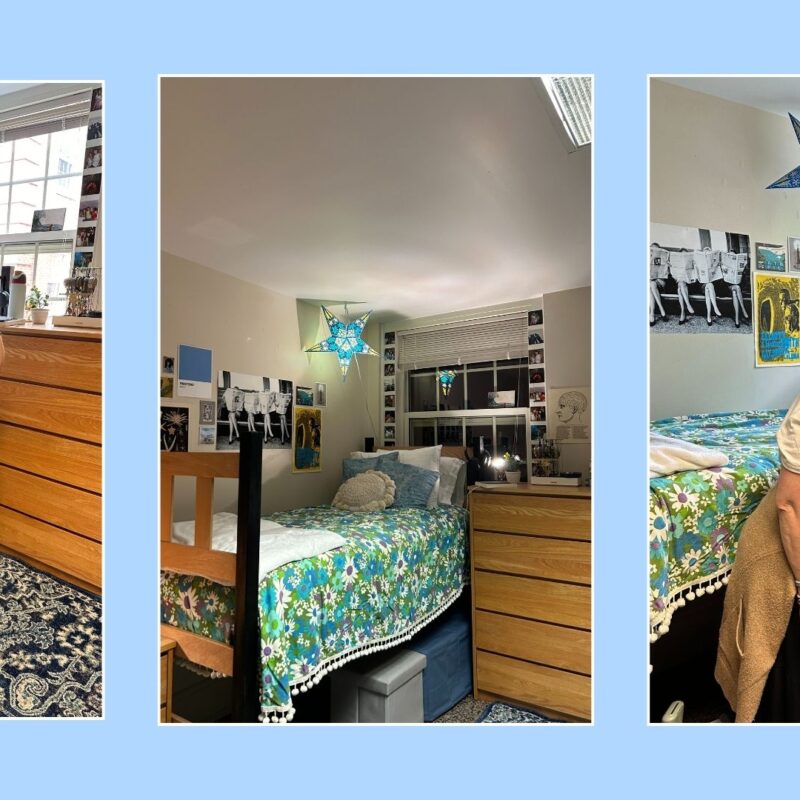 Student Alice Scott, moved into her dorm room that is decorated with green floral duvet and artwork on the wall. Alice is also with her mom.