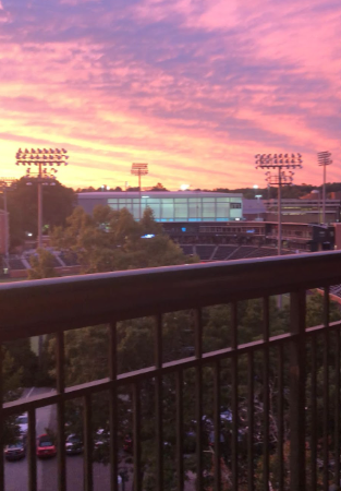 Photo from Ehringhaus dorm, the sunset is pink and beautiful overlooking the baseball field at UNC.